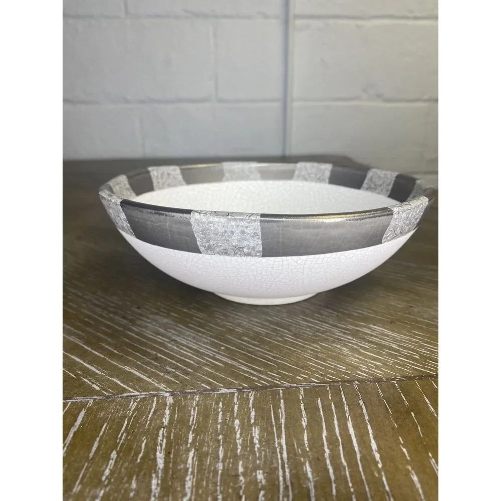Michael Wainwright Art Pottery Ceramic Bowl Platinum‎ Crackle Ivory Gray